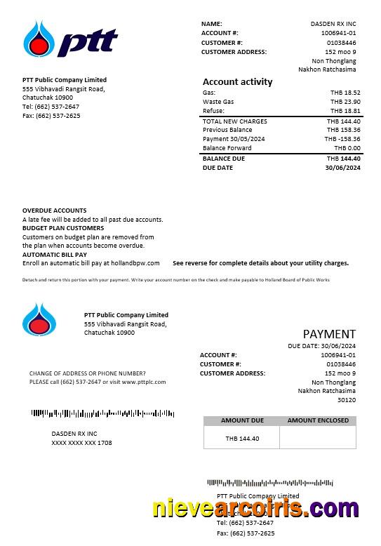 Thailand PTT gas business utility bill